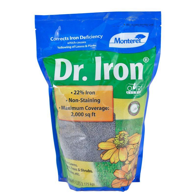 Grow Organic Monterey Dr. Iron fertilizer bag, 7 lb, for enriching soil with iron for healthy plant growth.