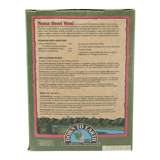 Grow Organic Neem Seed Meal 6-1-2 fertilizer, 5 lb box, natural organic fertilizer rich in nutrients for healthy plant growth.