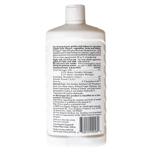 Grow Organic True Organic Liquid All-Purpose Plant Food 16 oz in a clear bottle showing the label with vibrant green and plant images.