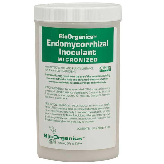 Grow Organic Bio/Organics Endomycorrhizal Inoculant in 1.5 lb bag, showing the natural organic inoculant product for healthy plant roots.