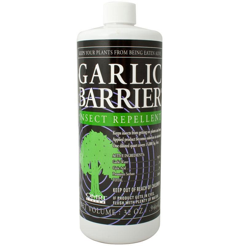 Grow Organic Garlic Barrier pest control quart bottle, natural organic pest repellent for gardens and plants.