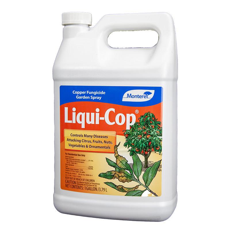 Grow Organic Liqui-Cop Concentrate pest control gallon bottle with label and garden pest control branding.