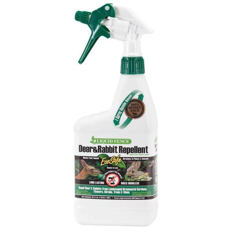 Liquid Fence Deer and Rabbit Repellent Spray by Grow Organic, ready-to-use quart for pest control, deters deer and rabbits from gardens.