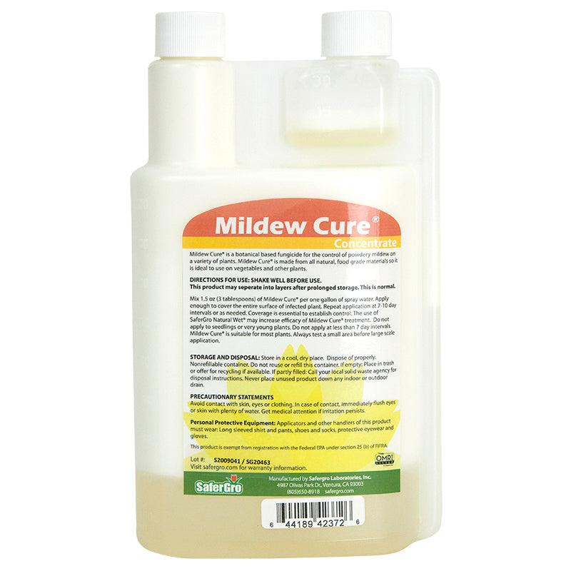 Grow Organic Mildew Cure Concentrate quart for pest control, visible in the image as a clear bottle with a label.