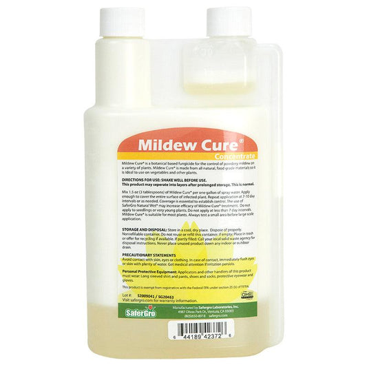 Grow Organic Mildew Cure Concentrate quart for pest control, visible in the image as a clear bottle with a label.
