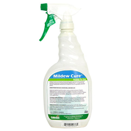 Grow Organic Mildew Cure Ready-to-Use pest control spray in a 32 oz bottle for mildew and fungal growth treatment.