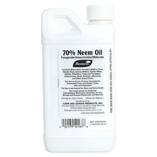 Grow Organic Monterey Neem Oil 70% Concentrate pest control pint bottle, natural organic solution for plant protection.