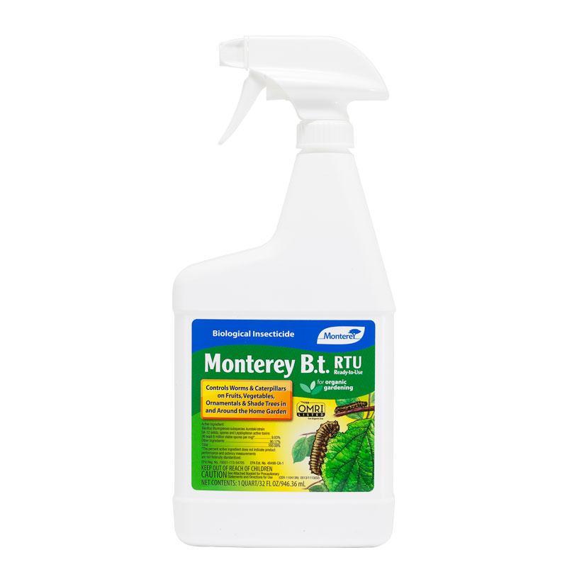 Grow Organic Monterey Ready to Use B.t. pest control bottle for organic gardening, with a white spray nozzle and label visible.