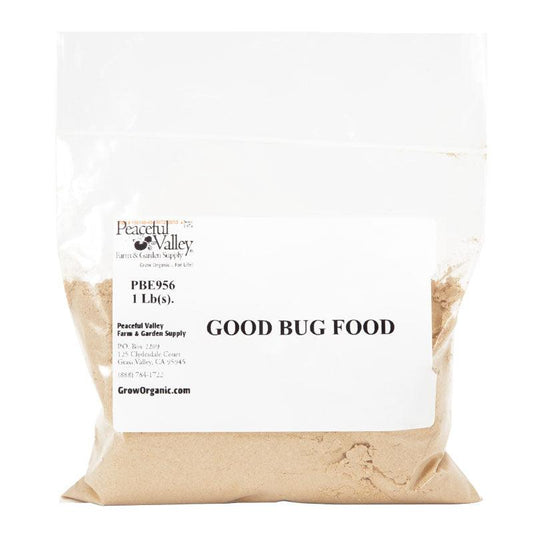 Grow Organic Peaceful Valley Good Bug Food pest control product with natural ingredients for healthy garden pest management.