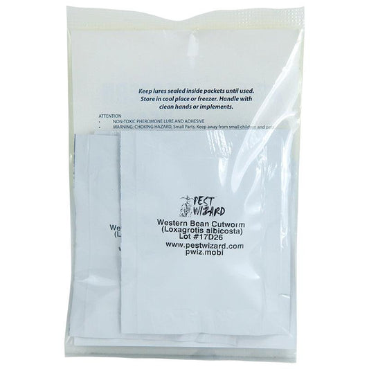 Grow Organic Pest Wizard Western Bean Cutworm Lure 3-pack for pest control, featuring yellow traps with pheromone attractants.