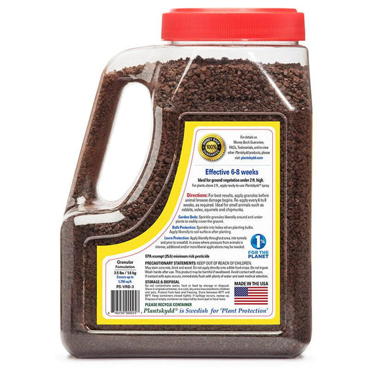 Grow Organic Plantskydd rabbit and small animal repellent in a 3.5 lb container, designed for pest control in gardens.