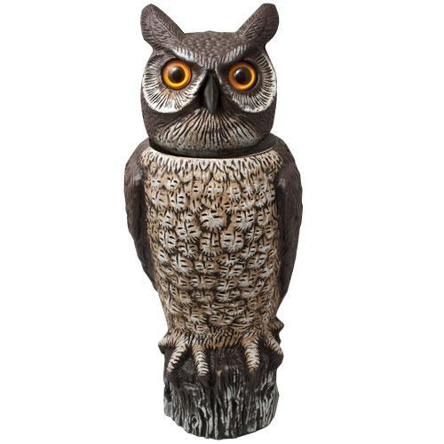 Rotating head owl pest control device by Grow Organic, designed to deter pests with a moving owl figure in a garden setting.