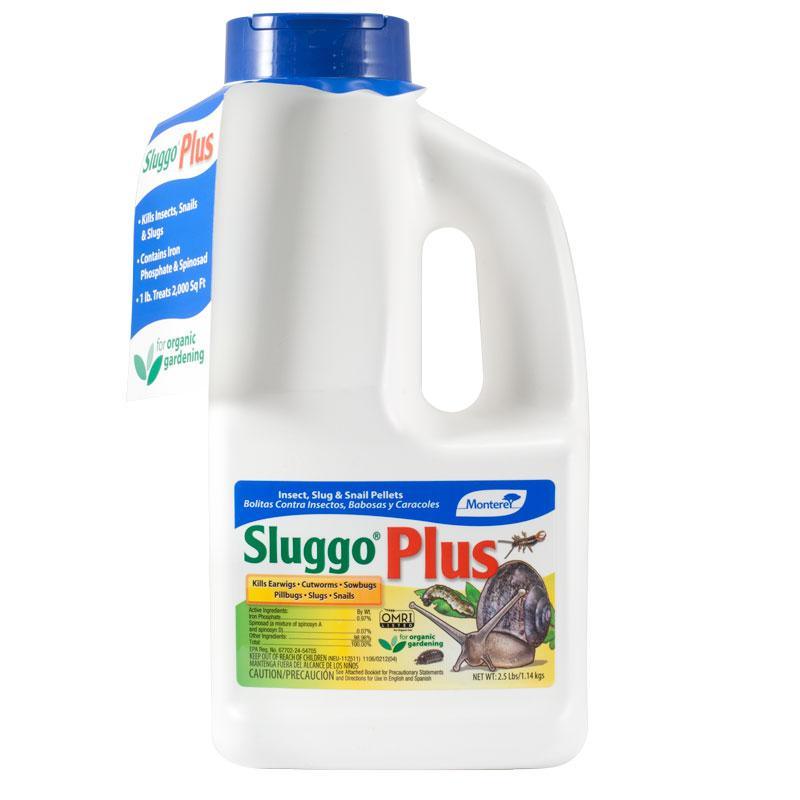 Grow Organic Sluggo Plus pest control bottle with Spinosad, 2.5 lb for organic garden pest management.