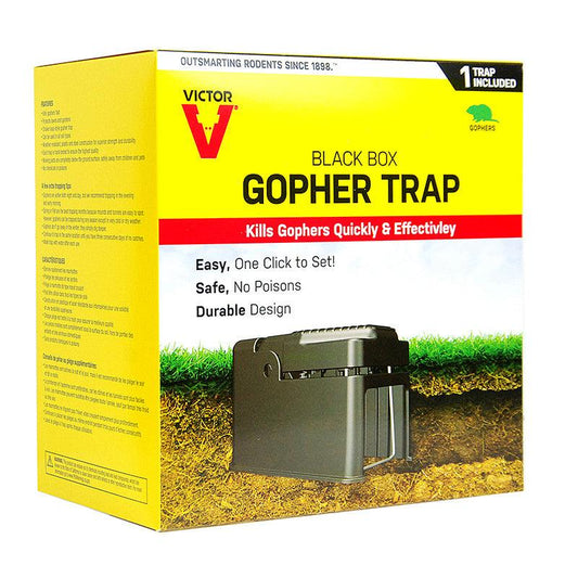 Black Box Gopher Trap by Grow Organic for pest control, shown in a natural outdoor setting with the trap ready for use.
