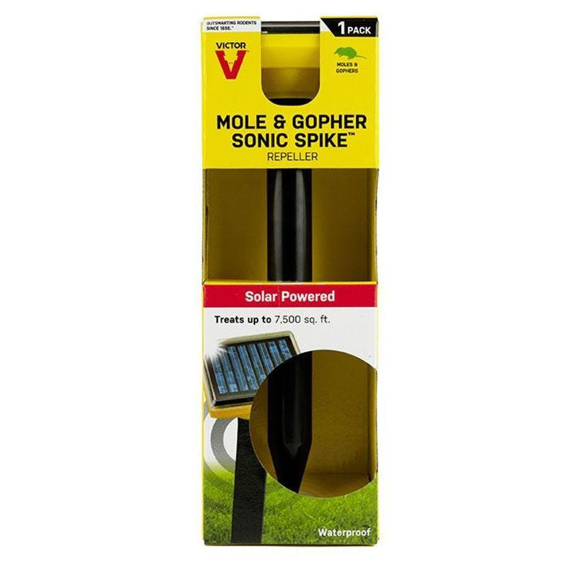 Victor Solar Powered Sonic Spike Mole Repeller in outdoor yard, designed for pest control against moles and burrowing pests.