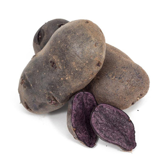 Organic Purple Majesty seed potatoes from Grow Organic, fresh purple-skinned potatoes for planting or cooking.