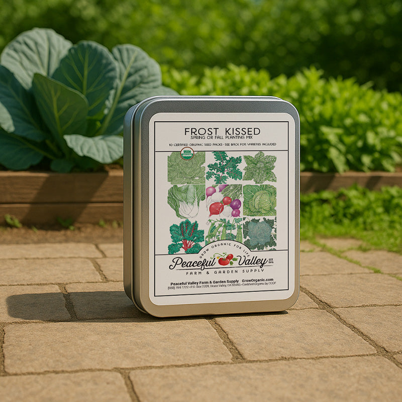 Grow Organic vegetable seeds gift tin from the Frost Kissed Collection, featuring a variety of vegetable seed packets in a decorative tin.
