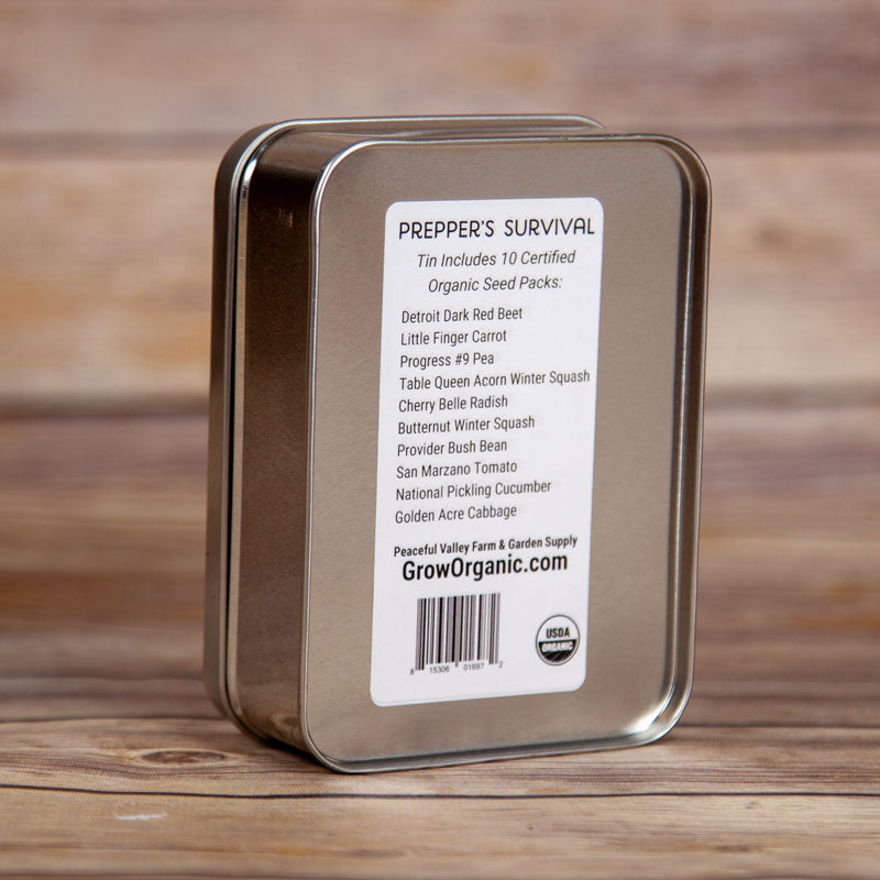 Grow Organic vegetable seed gift tin from the Prepper's Survival Collection, featuring a variety of essential vegetable seeds.