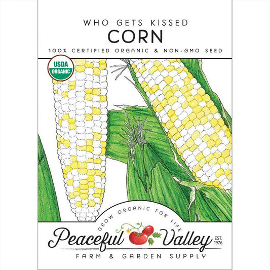 Organic Who Gets Kissed Corn Seeds from Grow Organic, vegetable seed packet showing colorful corn kernels.