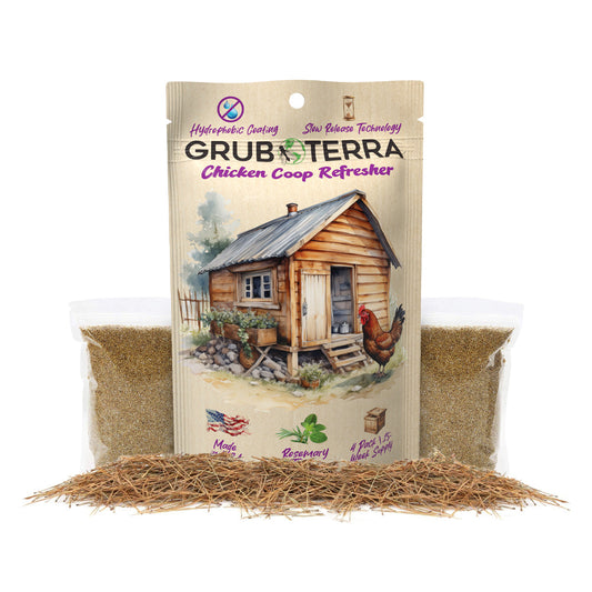GrubTerra Coop Refresher chicken bedding with mint scent in a clean, cozy coop setting for natural poultry care.
