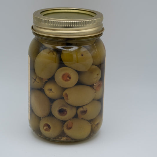 Canned Habanero Stuffed Olives from Amish Country Store in a 16oz can, showcasing green olives filled with spicy habanero peppers.