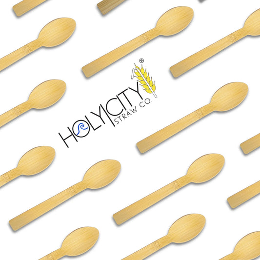 Six 6.7-inch bamboo spoons from Holy City Straw Company disposable cutlery set, showing eco-friendly wooden utensils.
