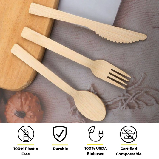 Set of 5.5-inch bamboo dessert spoons by Holy City Straw Company, disposable cutlery with eco-friendly wooden design.