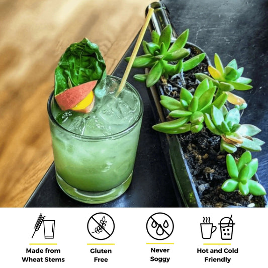 Holy City Straw Company 5.75-inch cocktail wheat drinking straws on a table, eco-friendly and biodegradable beverage accessories
