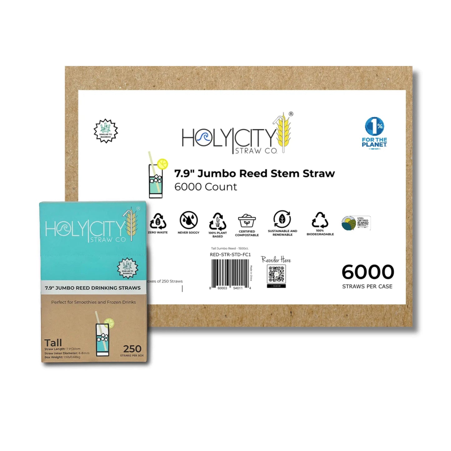 7.9-inch jumbo reed drinking straws from Holy City Straw Company, eco-friendly and durable for beverages.