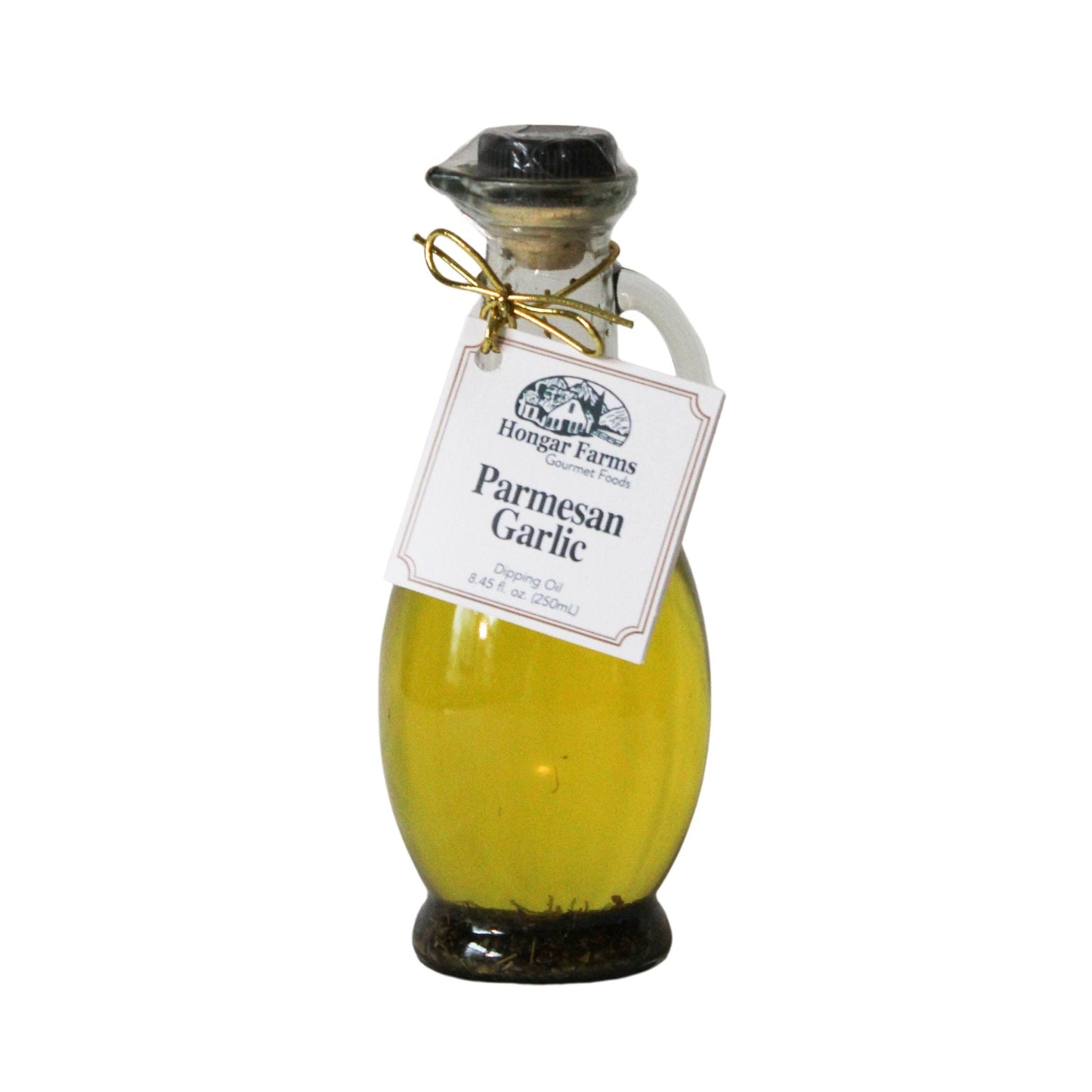 Hongar Farms Parmesan garlic infused extra virgin olive oil blend in a 250ml cruet bottle, with garlic and Parmesan visible inside