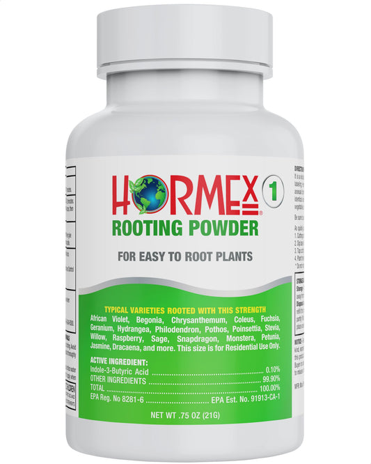 HORMEX Rooting Powder #1 in a 3-4 oz bottle, used for encouraging root growth in delicate houseplants, herbs, and succulents.