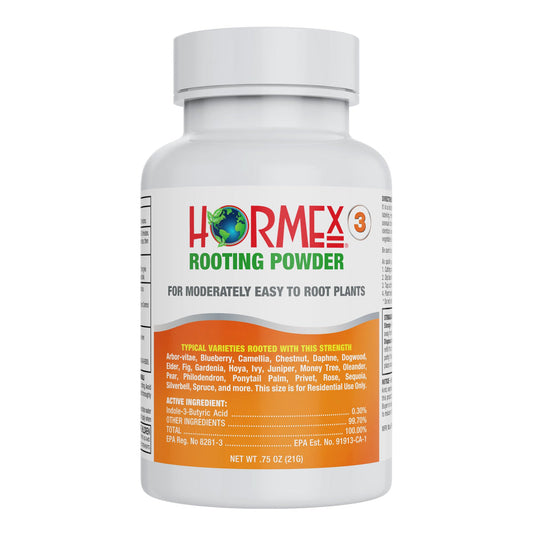 Hormex Rooting Powder #3 plant supplement in a 4 oz bottle, used for encouraging roots in home and garden plant cuttings.