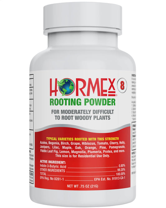 Hormex Rooting Powder #8 plant supplement in a 3/4 oz bottle, used for rooting houseplants, medicinal, and tree cuttings.