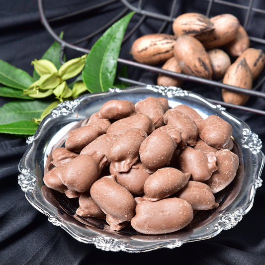 Horne Pecan Company roasted milk chocolate pecans in an 8-ounce bag, showcasing glossy chocolate-coated pecans.