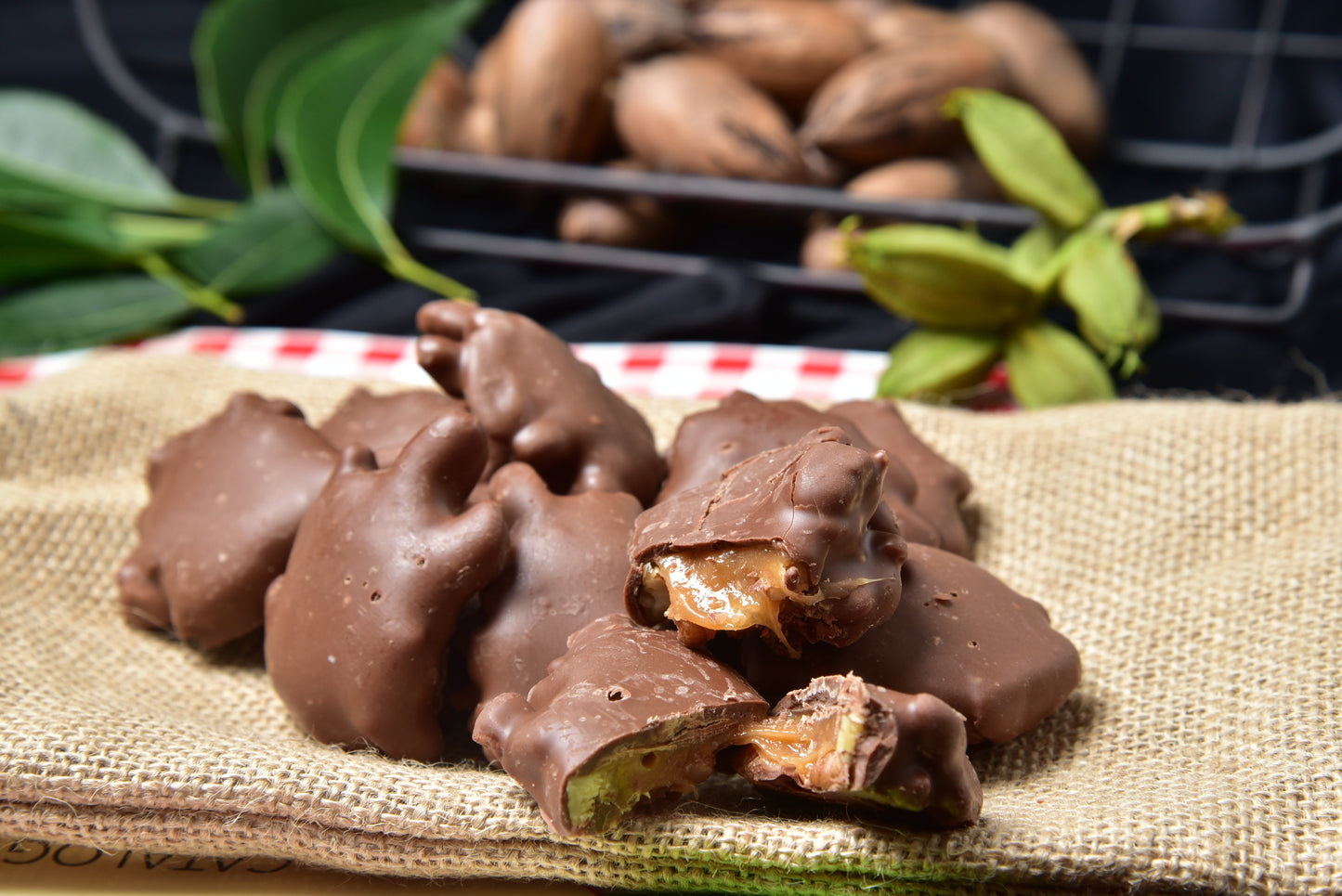 Horne Pecan Company chocolate pecan turtles showing glossy chocolate coating with pecan pieces on top.