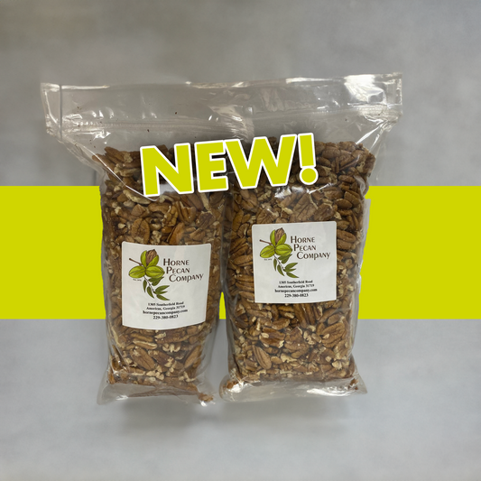 Bulk pecans from Horne Pecan Company, 2lb, 4lb, or 30lb bags, showing whole pecan halves for baking and snacking.