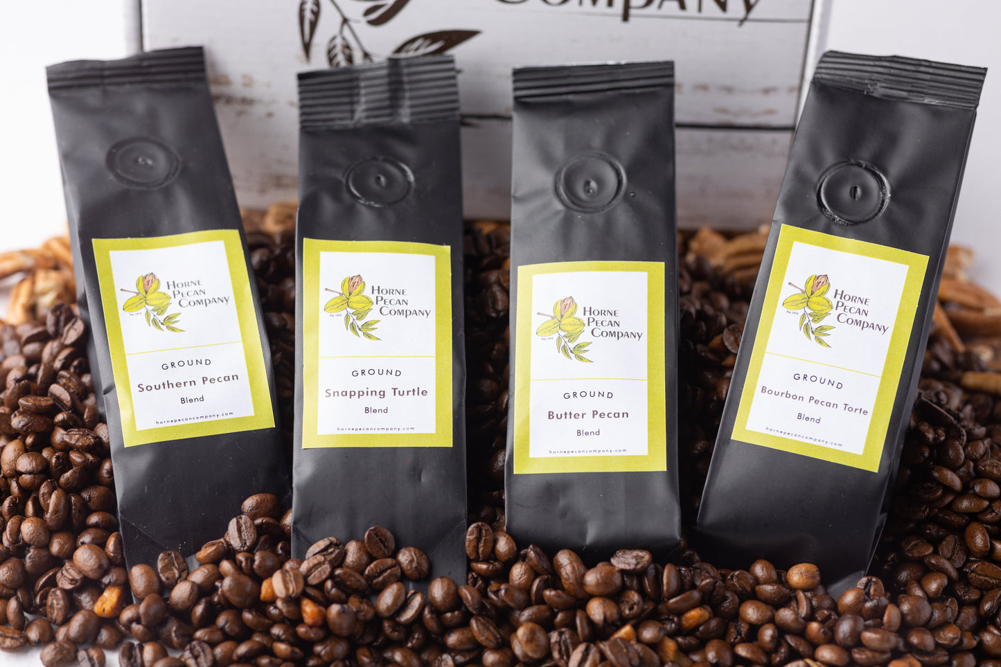Single pot of Horne Pecan Company gourmet pecan-flavored coffee, ground and ready for brewing.