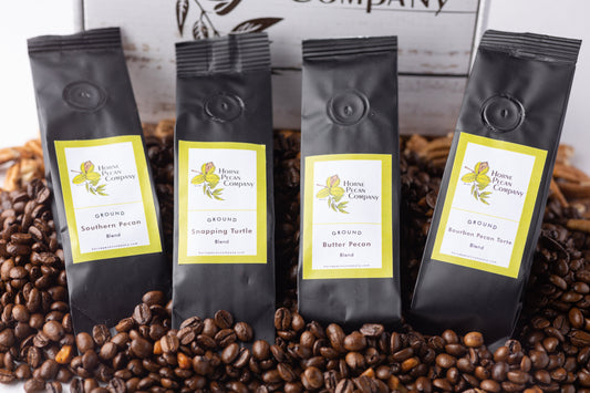 Single pot of Horne Pecan Company gourmet pecan-flavored coffee, ground and ready for brewing.