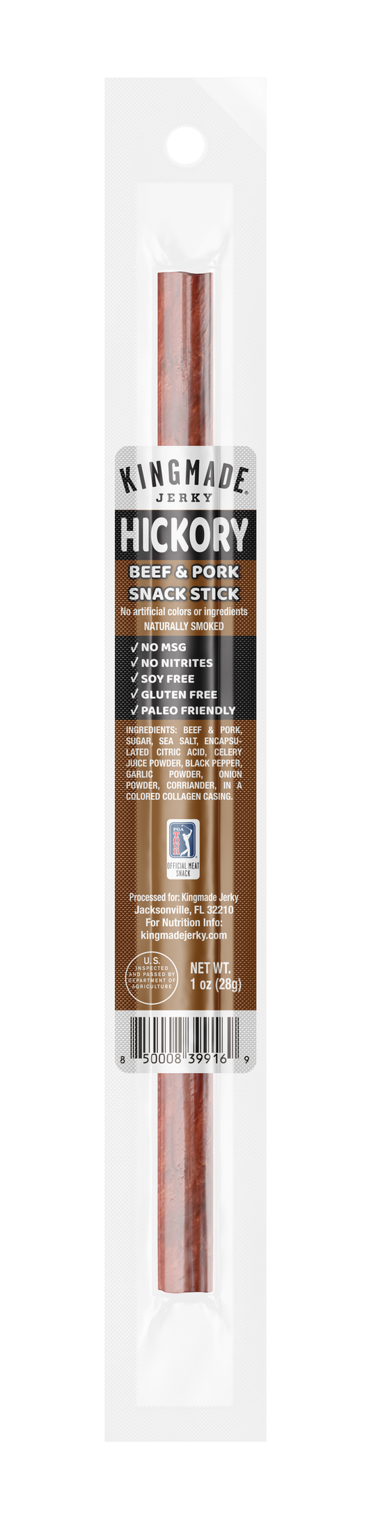 Kingmade Jerky Hickory Flavor Snack Sticks, 20-count, showing crispy, flavored snack sticks in a clear package.