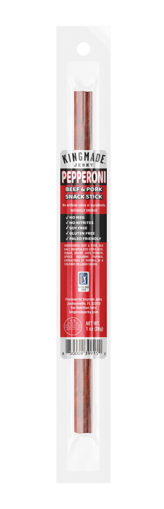 Kingmade Jerky Pepperoni Flavor Snack Sticks, 20 count, showing flavorful, sliced snack sticks in a clear view.