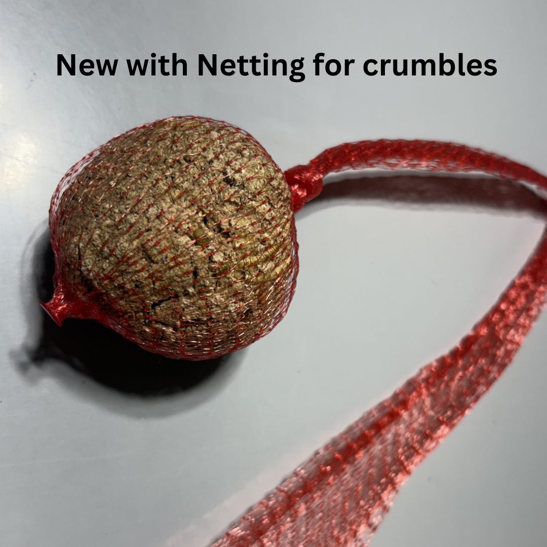 Quail & gamebird Knödel enrichment feed balls with mealworms, two-pack for quail keepers, by Quailz.com, showing feed balls in a natural setting.