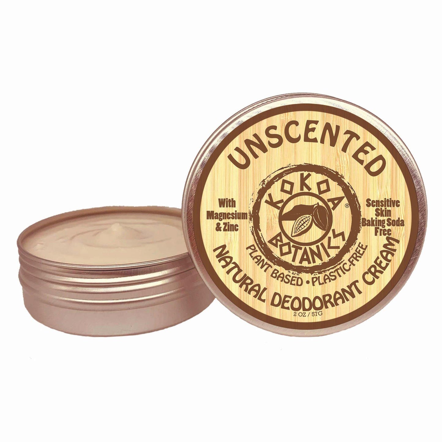 Unscented natural deodorant cream by KOKOA BOTANICS for sensitive skin, baking soda-free, in a 2.5 oz jar.