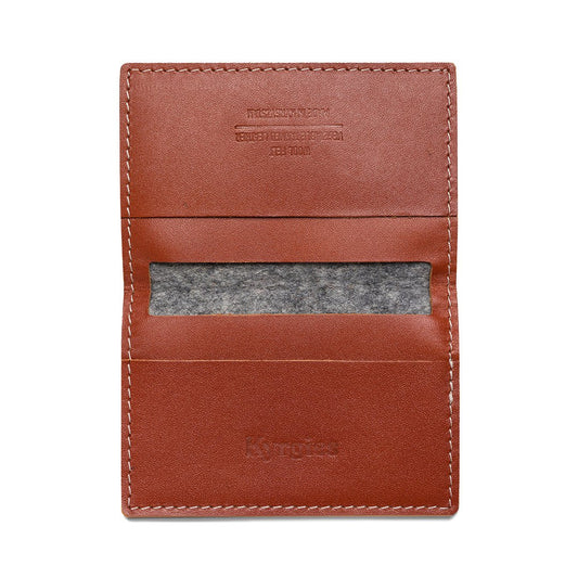 Gray felt and leather bifold wallet by Kyrgies, showing the front view with card slots and sleek design.