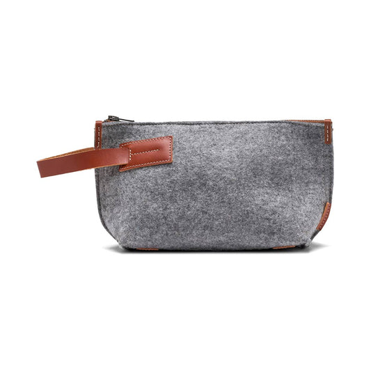 Gray felt and leather Kyrgies travel wallet with multiple compartments, designed for organizing travel essentials.