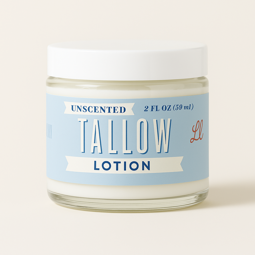 Unscented Lady May Tallow body lotion in a 2oz bottle, featuring natural beef tallow moisturizer for soft, smooth skin