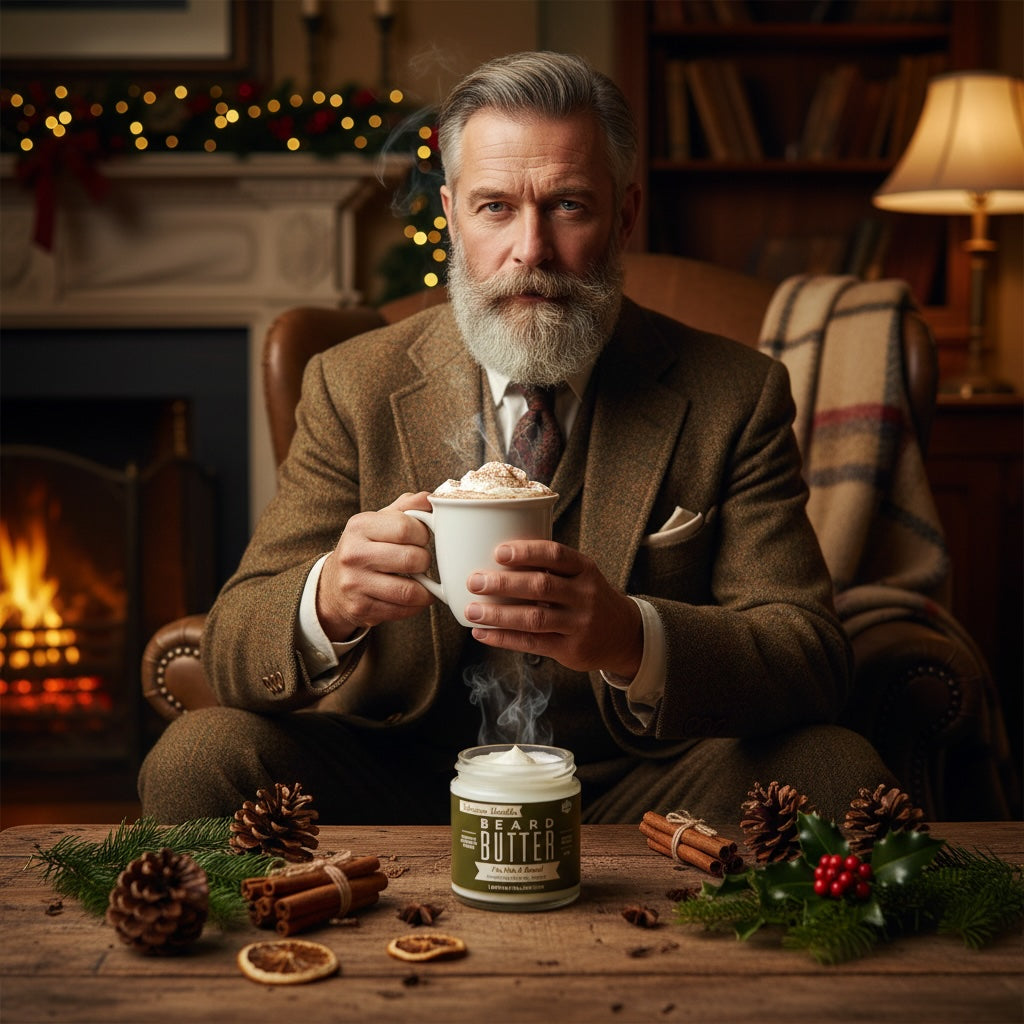 Natural beard butter for men by Lady May Tallow, tobacco vanilla body cream with nourishing ingredients for beard and skin care.