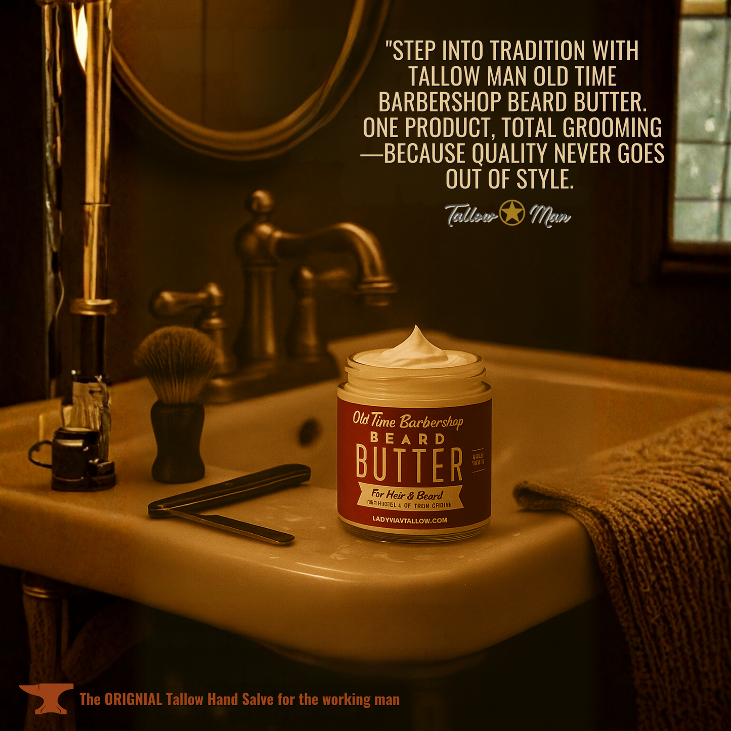 Lady May Tallow Old Time Barbershop Natural Tallow Beard and Body Butter for men, showing the nourishing body cream and lotion container.
