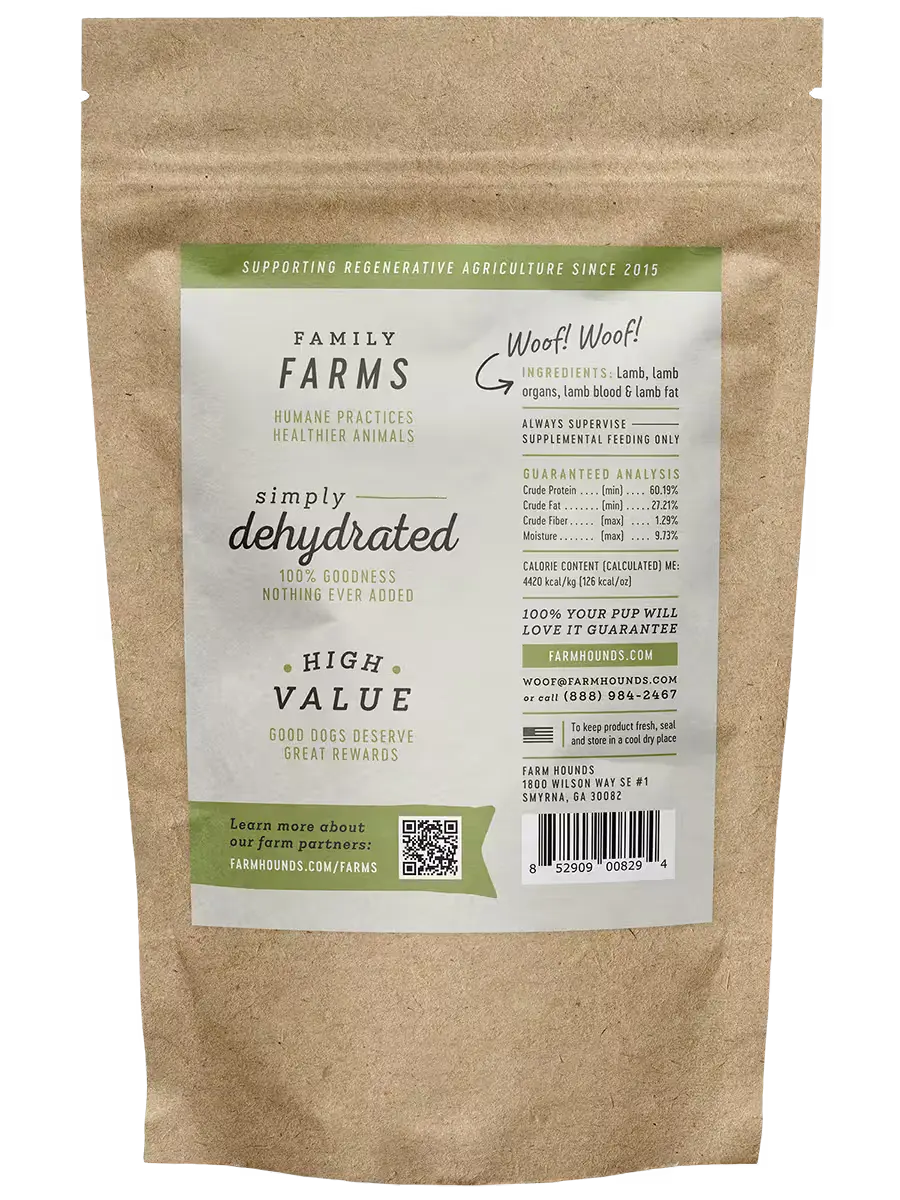 Farm Hounds lamb treats strips shown from the back, showcasing the natural, chewy lamb strips designed for pet treats.