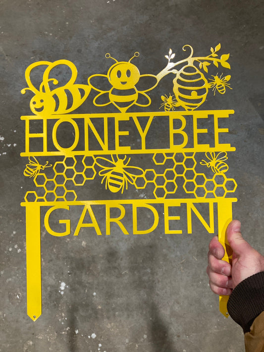 Black custom honey bee garden sign for bee farm, outdoor patio and garden art by Lewis Design Company, 17x13 inches.