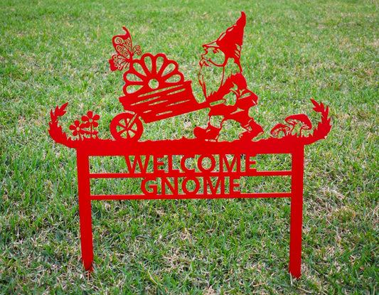 Black 17x17 custom garden gnome sign by Lewis Design Company, outdoor patio and garden art decor.